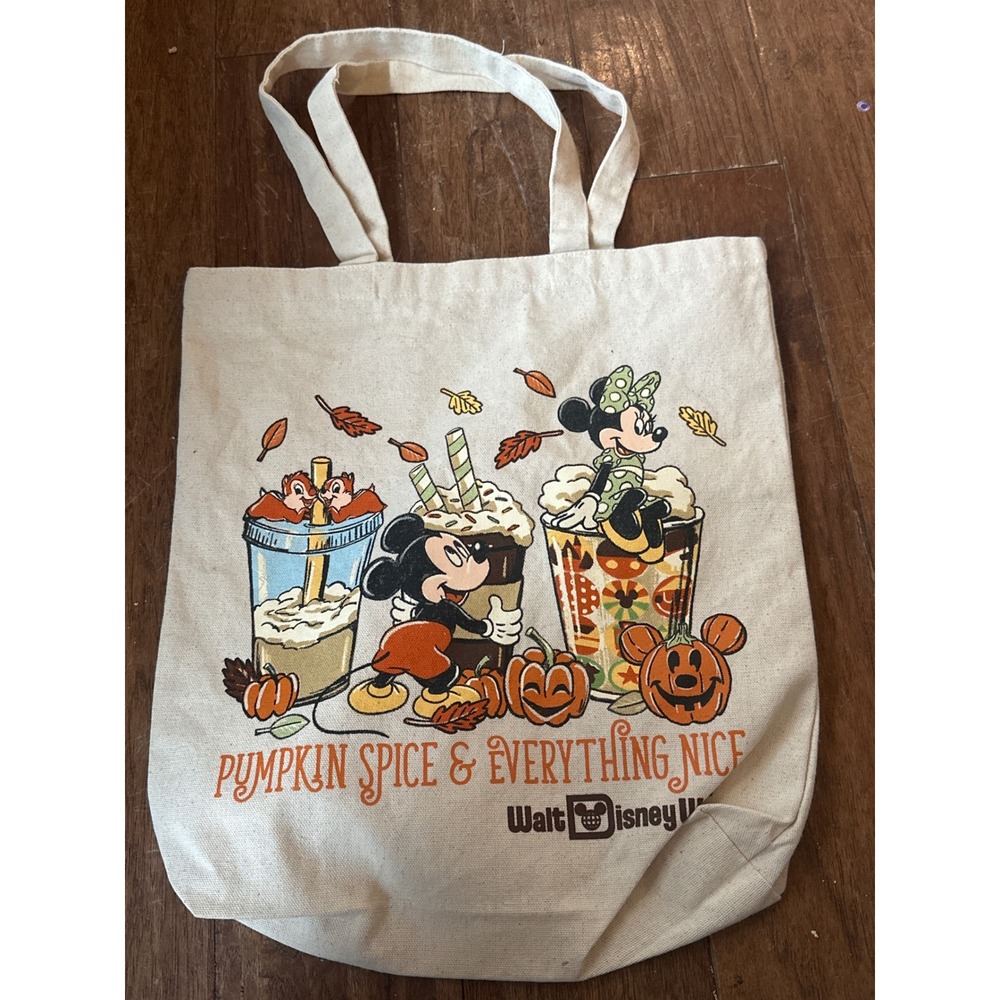 Walt Disney World Pumpkin Spice Everything Nice Mickey Minnie Canvas Tote Bag OS